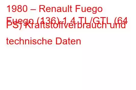 1980 – Renault Fuego
Fuego (136) 1.4 TL/GTL (64 PS) Kraftstoffverbrauch und technische Daten