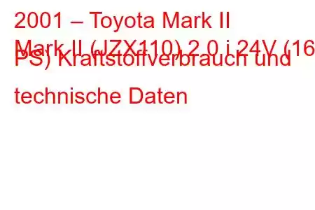 2001 – Toyota Mark II
Mark II (JZX110) 2.0 i 24V (160 PS) Kraftstoffverbrauch und technische Daten