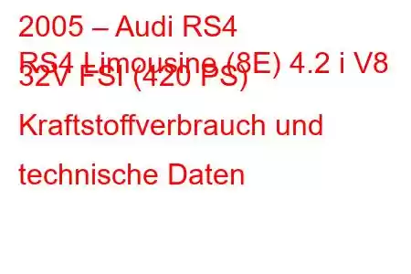 2005 – Audi RS4
RS4 Limousine (8E) 4.2 i V8 32V FSI (420 PS) Kraftstoffverbrauch und technische Daten