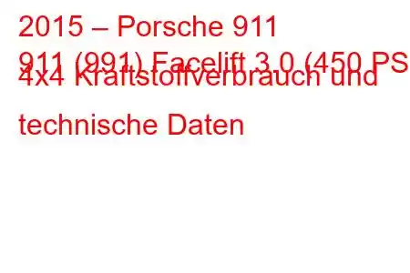 2015 – Porsche 911
911 (991) Facelift 3.0 (450 PS) 4x4 Kraftstoffverbrauch und technische Daten