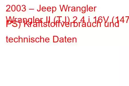 2003 – Jeep Wrangler
Wrangler II (TJ) 2.4 i 16V (147 PS) Kraftstoffverbrauch und technische Daten