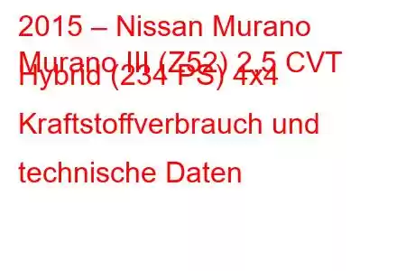 2015 – Nissan Murano
Murano III (Z52) 2,5 CVT Hybrid (234 PS) 4x4 Kraftstoffverbrauch und technische Daten