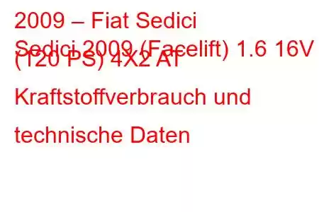 2009 – Fiat Sedici
Sedici 2009 (Facelift) 1.6 16V (120 PS) 4X2 AT Kraftstoffverbrauch und technische Daten