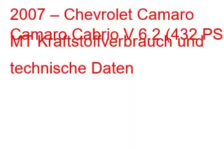 2007 – Chevrolet Camaro
Camaro Cabrio V 6.2 (432 PS) MT Kraftstoffverbrauch und technische Daten