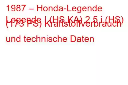 1987 – Honda-Legende
Legende I (HS,KA) 2.5 i (HS) (173 PS) Kraftstoffverbrauch und technische Daten