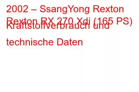 2002 – SsangYong Rexton
Rexton RX 270 Xdi (165 PS) Kraftstoffverbrauch und technische Daten