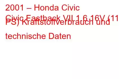 2001 – Honda Civic
Civic Fastback VII 1.6 16V (110 PS) Kraftstoffverbrauch und technische Daten