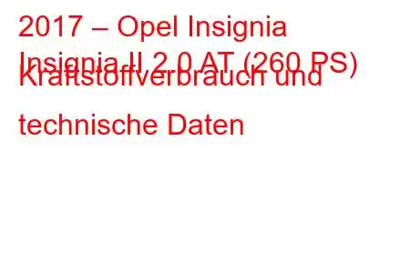 2017 – Opel Insignia
Insignia II 2.0 AT (260 PS) Kraftstoffverbrauch und technische Daten