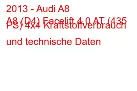 2013 - Audi A8
A8 (D4) Facelift 4.0 AT (435 PS) 4x4 Kraftstoffverbrauch und technische Daten