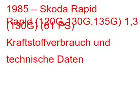 1985 – Skoda Rapid
Rapid (120G,130G,135G) 1,3 (130G) (61 PS) Kraftstoffverbrauch und technische Daten