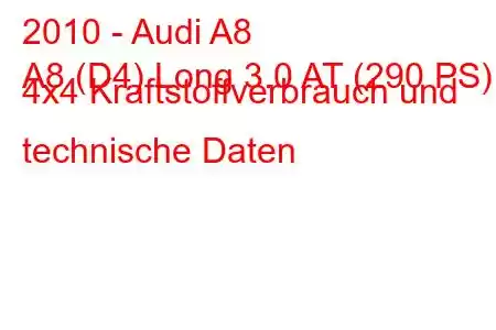 2010 - Audi A8
A8 (D4) Long 3.0 AT (290 PS) 4x4 Kraftstoffverbrauch und technische Daten