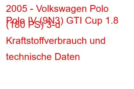 2005 - Volkswagen Polo
Polo IV (9N3) GTI Cup 1.8 (180 PS) 3-d Kraftstoffverbrauch und technische Daten