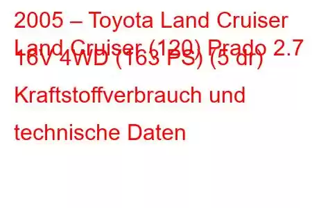 2005 – Toyota Land Cruiser
Land Cruiser (120) Prado 2.7 i 16V 4WD (163 PS) (5 dr) Kraftstoffverbrauch und technische Daten