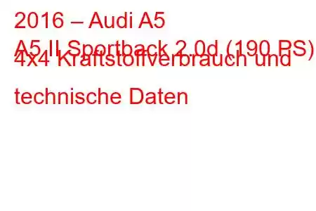 2016 – Audi A5
A5 II Sportback 2.0d (190 PS) 4x4 Kraftstoffverbrauch und technische Daten