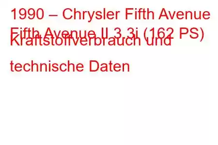 1990 – Chrysler Fifth Avenue
Fifth Avenue II 3.3i (162 PS) Kraftstoffverbrauch und technische Daten