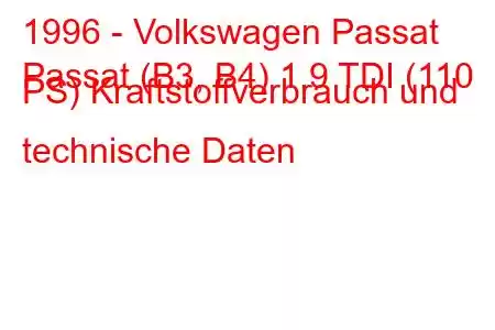 1996 - Volkswagen Passat
Passat (B3, B4) 1.9 TDI (110 PS) Kraftstoffverbrauch und technische Daten