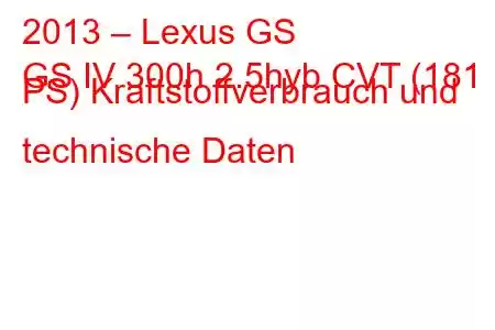 2013 – Lexus GS
GS IV 300h 2.5hyb CVT (181 PS) Kraftstoffverbrauch und technische Daten