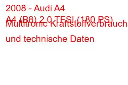 2008 - Audi A4
A4 (B8) 2.0 TFSI (180 PS) Multitronic Kraftstoffverbrauch und technische Daten