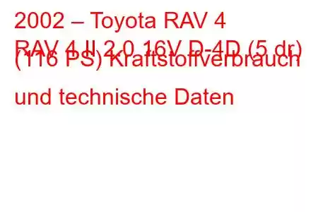 2002 – Toyota RAV 4
RAV 4 II 2.0 16V D-4D (5 dr) (116 PS) Kraftstoffverbrauch und technische Daten