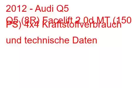 2012 - Audi Q5
Q5 (8R) Facelift 2.0d MT (150 PS) 4x4 Kraftstoffverbrauch und technische Daten