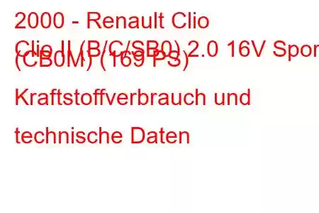 2000 - Renault Clio
Clio II (B/C/SB0) 2.0 16V Sport (CB0M) (169 PS) Kraftstoffverbrauch und technische Daten