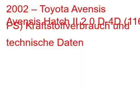 2002 – Toyota Avensis
Avensis Hatch II 2.0 D-4D (116 PS) Kraftstoffverbrauch und technische Daten