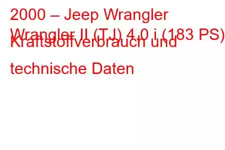 2000 – Jeep Wrangler
Wrangler II (TJ) 4.0 i (183 PS) Kraftstoffverbrauch und technische Daten