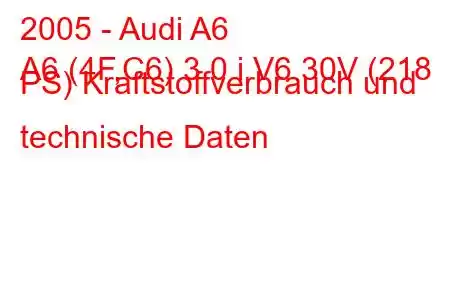 2005 - Audi A6
A6 (4F,C6) 3.0 i V6 30V (218 PS) Kraftstoffverbrauch und technische Daten