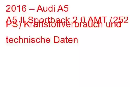 2016 – Audi A5
A5 II Sportback 2.0 AMT (252 PS) Kraftstoffverbrauch und technische Daten