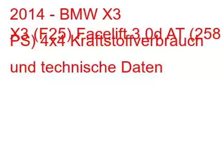 2014 - BMW X3
X3 (F25) Facelift 3.0d AT (258 PS) 4x4 Kraftstoffverbrauch und technische Daten