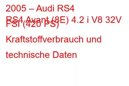 2005 – Audi RS4
RS4 Avant (8E) 4.2 i V8 32V FSI (420 PS) Kraftstoffverbrauch und technische Daten