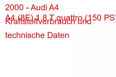 2000 - Audi A4
A4 (8E) 1.8 T quattro (150 PS) Kraftstoffverbrauch und technische Daten