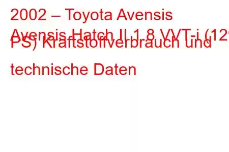 2002 – Toyota Avensis
Avensis Hatch II 1.8 VVT-i (129 PS) Kraftstoffverbrauch und technische Daten