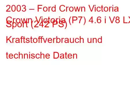 2003 – Ford Crown Victoria
Crown Victoria (P7) 4.6 i V8 LX Sport (242 PS) Kraftstoffverbrauch und technische Daten