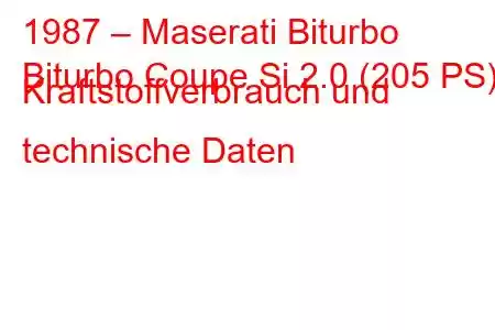 1987 – Maserati Biturbo
Biturbo Coupe Si 2.0 (205 PS) Kraftstoffverbrauch und technische Daten