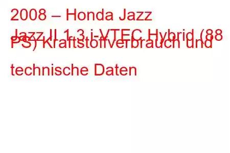 2008 – Honda Jazz
Jazz II 1.3 i-VTEC Hybrid (88 PS) Kraftstoffverbrauch und technische Daten