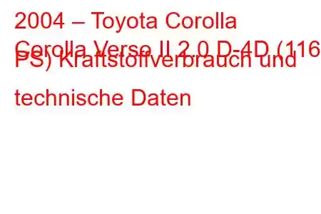 2004 – Toyota Corolla
Corolla Verso II 2.0 D-4D (116 PS) Kraftstoffverbrauch und technische Daten