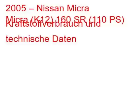 2005 – Nissan Micra
Micra (K12) 160 SR (110 PS) Kraftstoffverbrauch und technische Daten