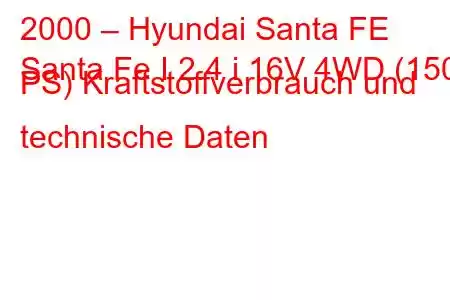 2000 – Hyundai Santa FE
Santa Fe I 2.4 i 16V 4WD (150 PS) Kraftstoffverbrauch und technische Daten