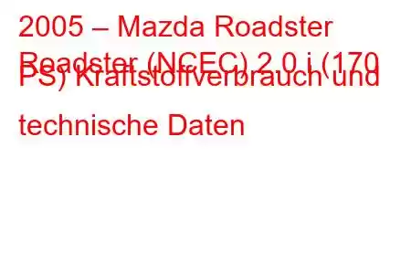 2005 – Mazda Roadster
Roadster (NCEC) 2.0 i (170 PS) Kraftstoffverbrauch und technische Daten