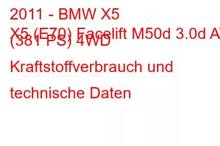 2011 - BMW X5
X5 (E70) Facelift M50d 3.0d AT (381 PS) 4WD Kraftstoffverbrauch und technische Daten