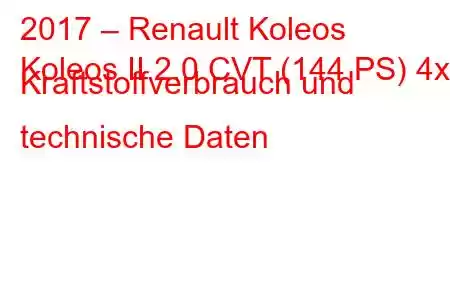 2017 – Renault Koleos
Koleos II 2.0 CVT (144 PS) 4x4 Kraftstoffverbrauch und technische Daten