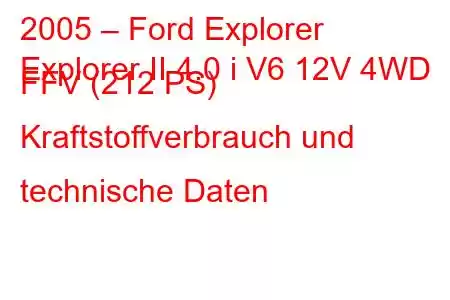 2005 – Ford Explorer
Explorer II 4.0 i V6 12V 4WD FFV (212 PS) Kraftstoffverbrauch und technische Daten