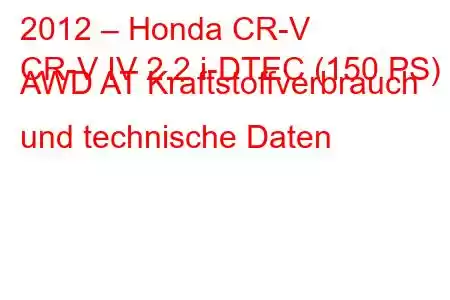 2012 – Honda CR-V
CR-V IV 2.2 i-DTEC (150 PS) AWD AT Kraftstoffverbrauch und technische Daten