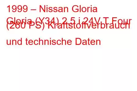 1999 – Nissan Gloria
Gloria (Y34) 2.5 i 24V T Four (260 PS) Kraftstoffverbrauch und technische Daten