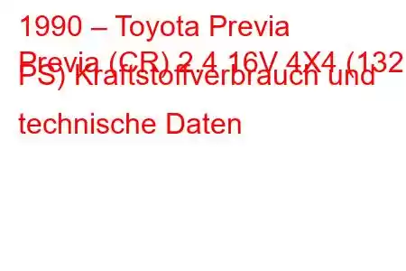 1990 – Toyota Previa
Previa (CR) 2.4 16V 4X4 (132 PS) Kraftstoffverbrauch und technische Daten