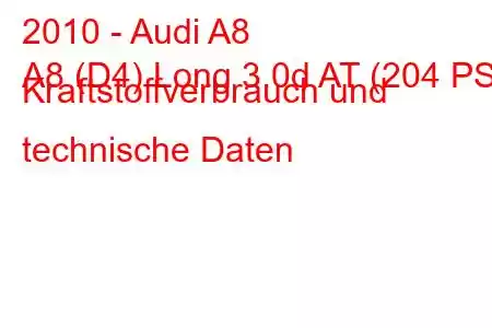 2010 - Audi A8
A8 (D4) Long 3.0d AT (204 PS) Kraftstoffverbrauch und technische Daten