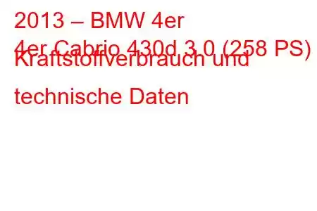 2013 – BMW 4er
4er Cabrio 430d 3.0 (258 PS) Kraftstoffverbrauch und technische Daten