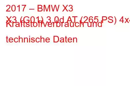 2017 – BMW X3
X3 (G01) 3.0d AT (265 PS) 4x4 Kraftstoffverbrauch und technische Daten