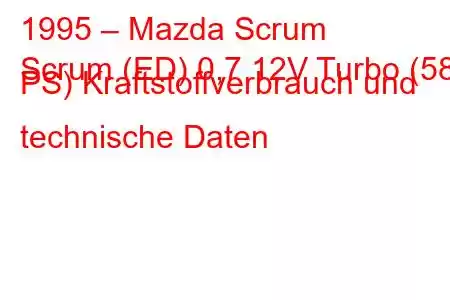 1995 – Mazda Scrum
Scrum (ED) 0,7 12V Turbo (58 PS) Kraftstoffverbrauch und technische Daten